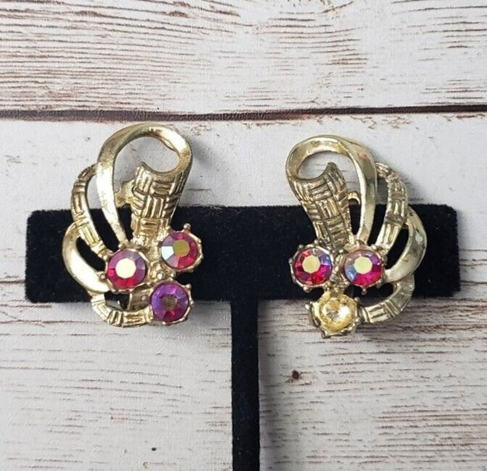Vintage Clip On Earrings Gold Tone and Iridescent Red Gems - One Gem Missing